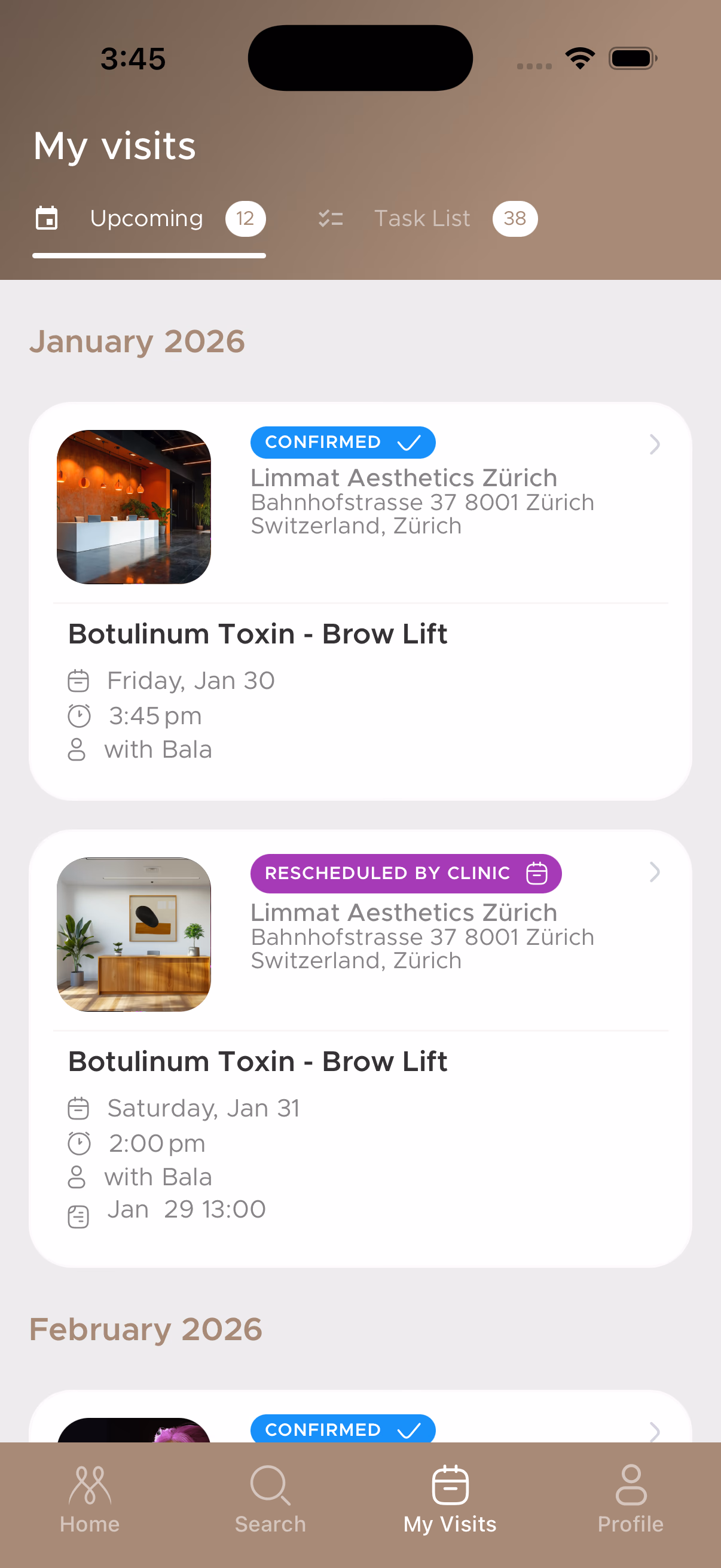 Bevorstehende Termine mit Status-Badges
